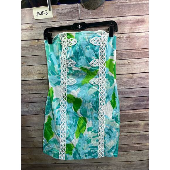 Lilly Pulitzer Tansy Poolside Blue Strapless Dress Size 6 Tropical - Picture 1 of 16